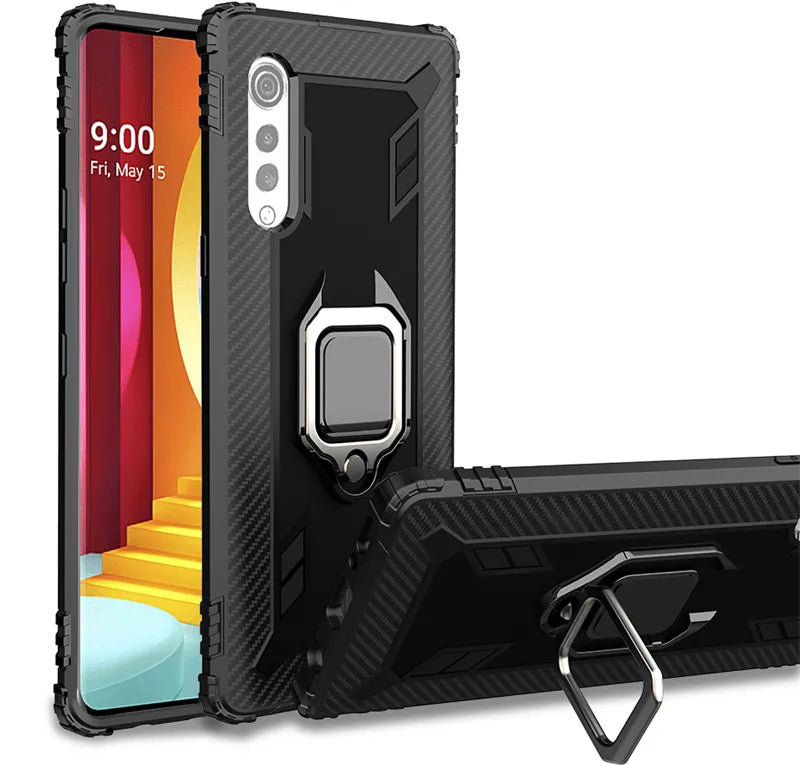 Deksel til LG Velvet 5G V60 ThinQ K51 Q51 Stylo 6 Soft Silicone Shockproof Case Magnetic Metal Finger Ring Stand Protective Back Cover
