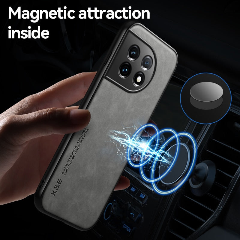 Deksel til OnePlus 11 Case Leather Shockproof Silicone Phone Case For One Plus 11 OnePlus11 1+11 Car Magnetic Holder Stand Back Cover