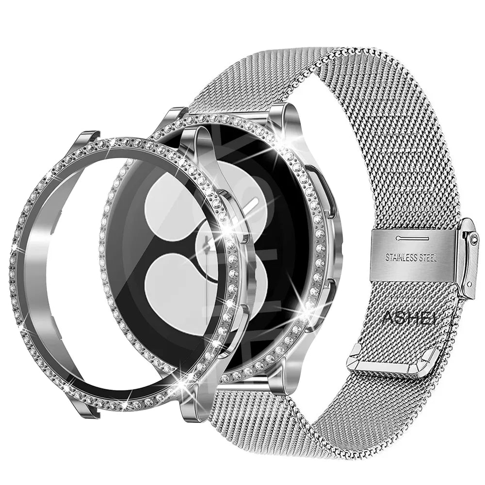 Deksel til Samsung Galaxy Watch 4 5 6 band + 40mm 44mm Mesh-reim Rustfritt Stål strap bling Tempered glass Skjermbeskytter