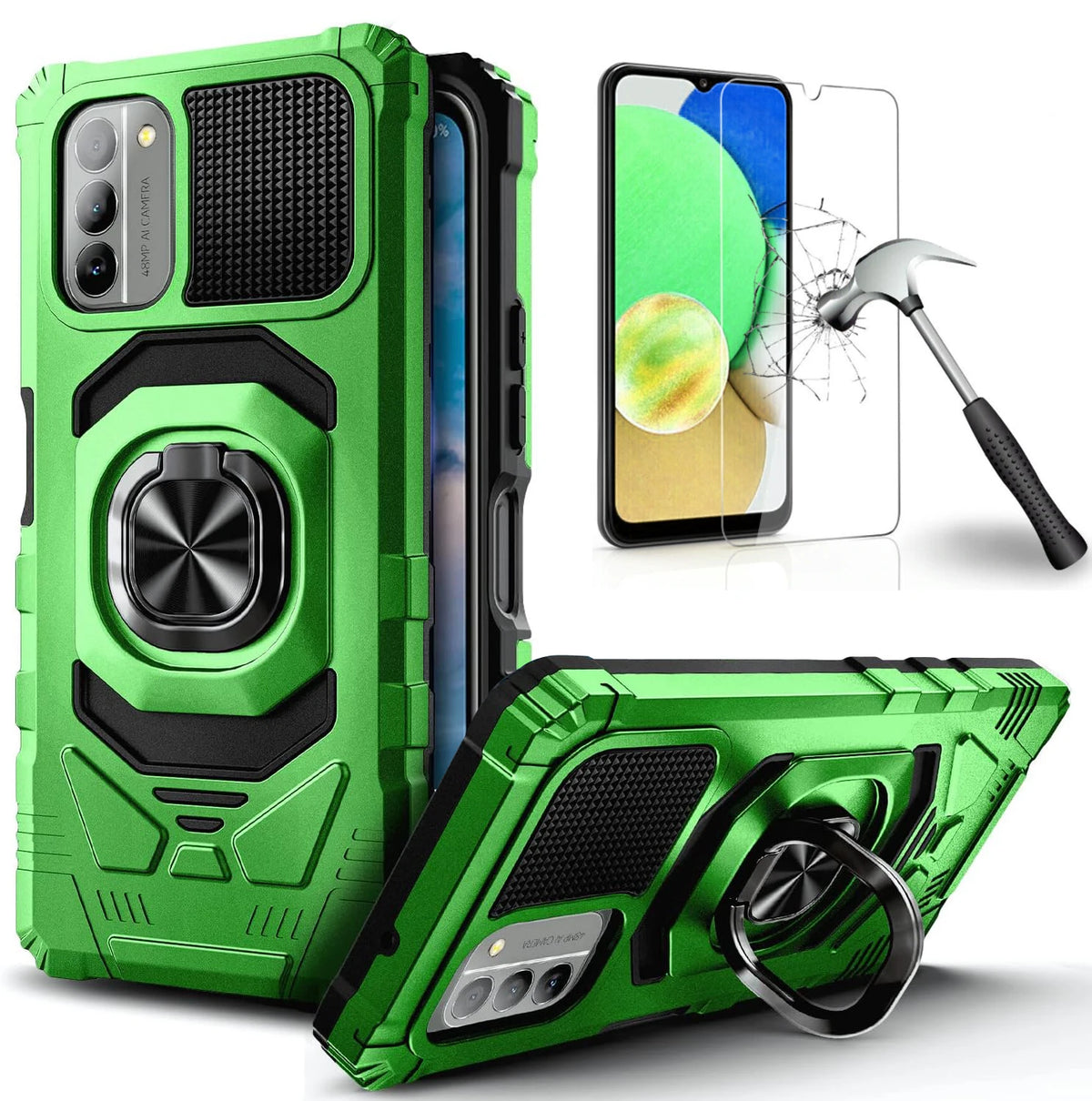 Deksel til Nokia G310 5G / Nokia G42 hybrid panserdeksel med ringstativ og herdet glass