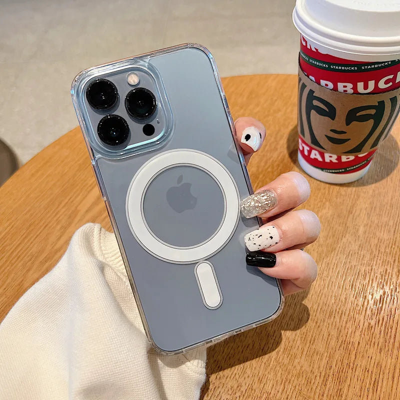 Deksel til iPhone 14 13 12 11 15 Pro Max Mini XS XR 7 8 Plus SE iPhone Transparent Magnetic Macsafe deksel