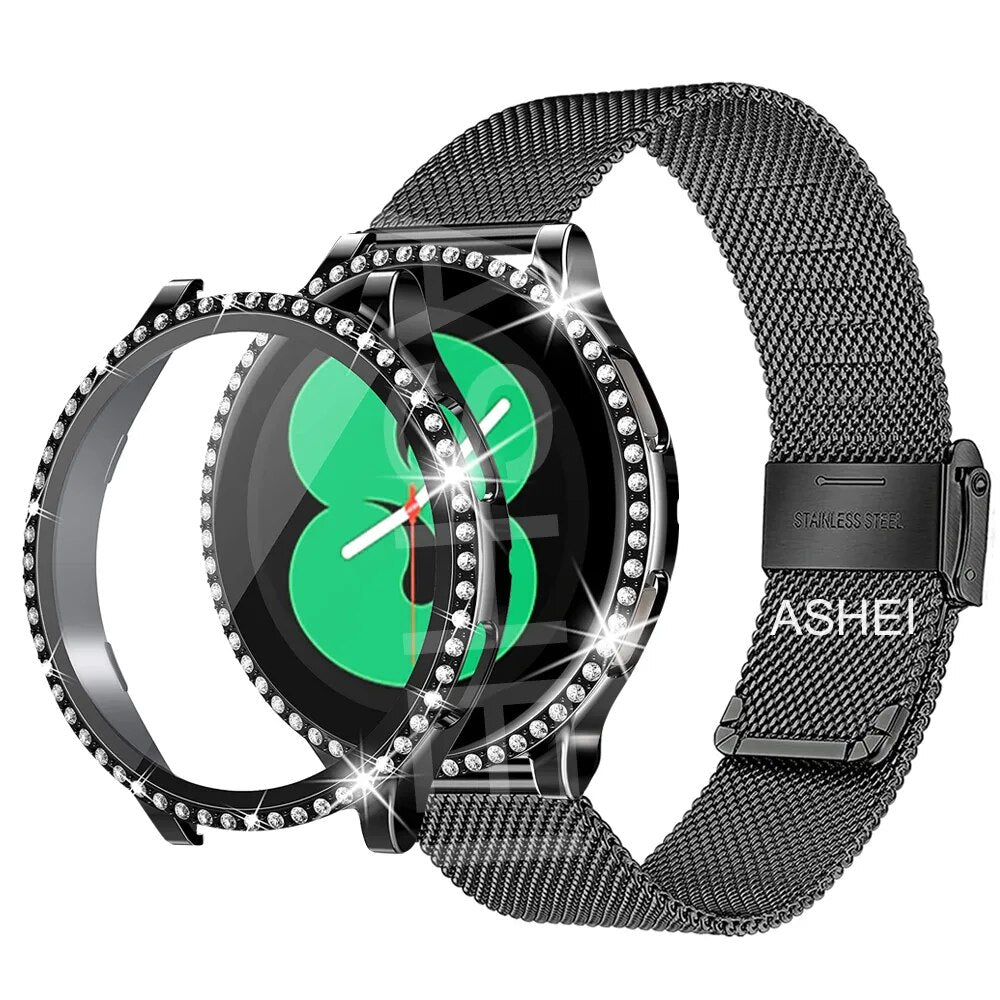 Deksel til Samsung Galaxy Watch 4 5 6 band + 40mm 44mm Mesh-reim Rustfritt Stål strap bling Tempered glass Skjermbeskytter