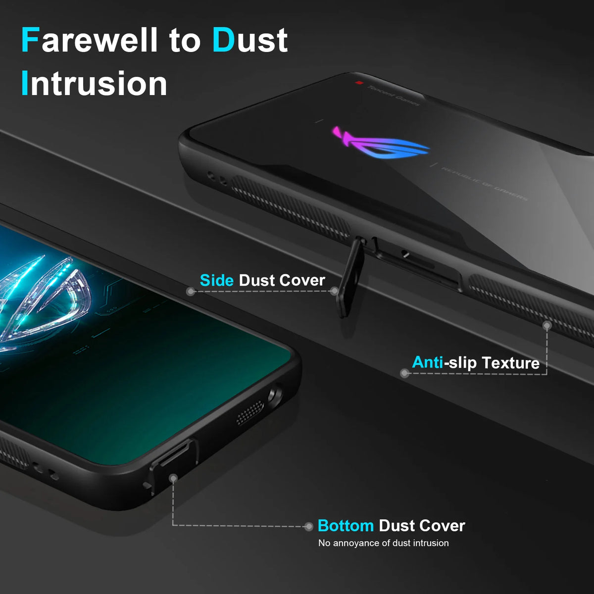 Deksel til Asus ROG Phone 9 Pro Cover, Air Trigger Compatible, Built in Dust Cover for Cooler Port and Charging Port