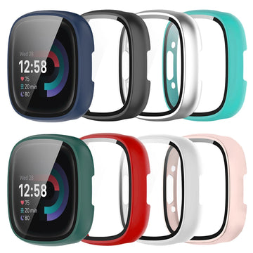 Deksel til Fitbit Versa 4 Case Hard PC Bumpe Protective Tempered Glass All-Around for Fitbit Sense 2 Full Cover Bumper