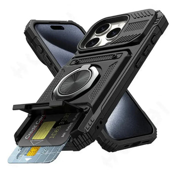 Deksel til iPhone 16 15 14 13 12 11 Pro Max XS XR 8 7 Plus Magnetic Rotated Ring Kickstand Heavy Duty Drop Protection Wallet Cover