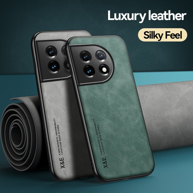 Deksel til OnePlus 11 Case Leather Shockproof Silicone Phone Case For One Plus 11 OnePlus11 1+11 Car Magnetic Holder Stand Back Cover