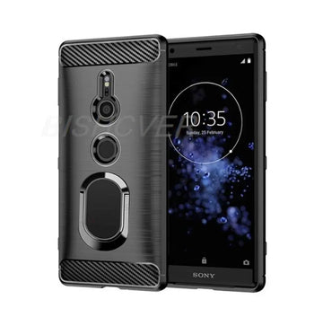 Deksel til Sony Xperia XZ2 Brushed Carbon Fiber Soft Silicone Phone Case For Sony Xperia XZ2 Compact Magnetic Ring Stand Cover