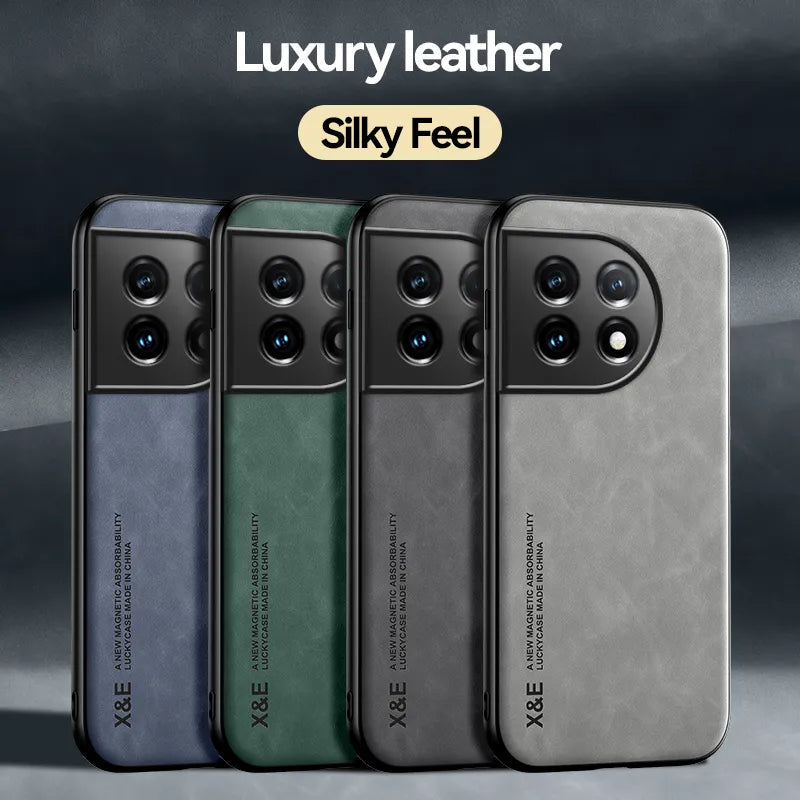 Deksel til OnePlus 11 Case Leather Shockproof Silicone Phone Case For One Plus 11 OnePlus11 1+11 Car Magnetic Holder Stand Back Cover