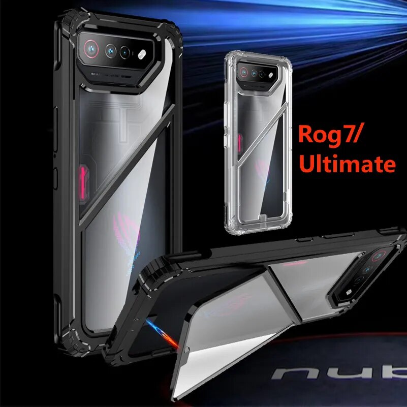 Deksel til Asus ROG Phone 7 Ultimate Rog7 Hard PC + TPU Hybrid Protective Clear Phone Cover W/ Foldable Stand Capas