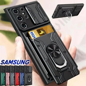 Deksel til Samsung Galaxy S24 S23 S22 S21 Ultra Plus S20 FE A34 A54 A24 A53 A14 4G 5G  Slide Camera Card Holder 360° Ring Cover