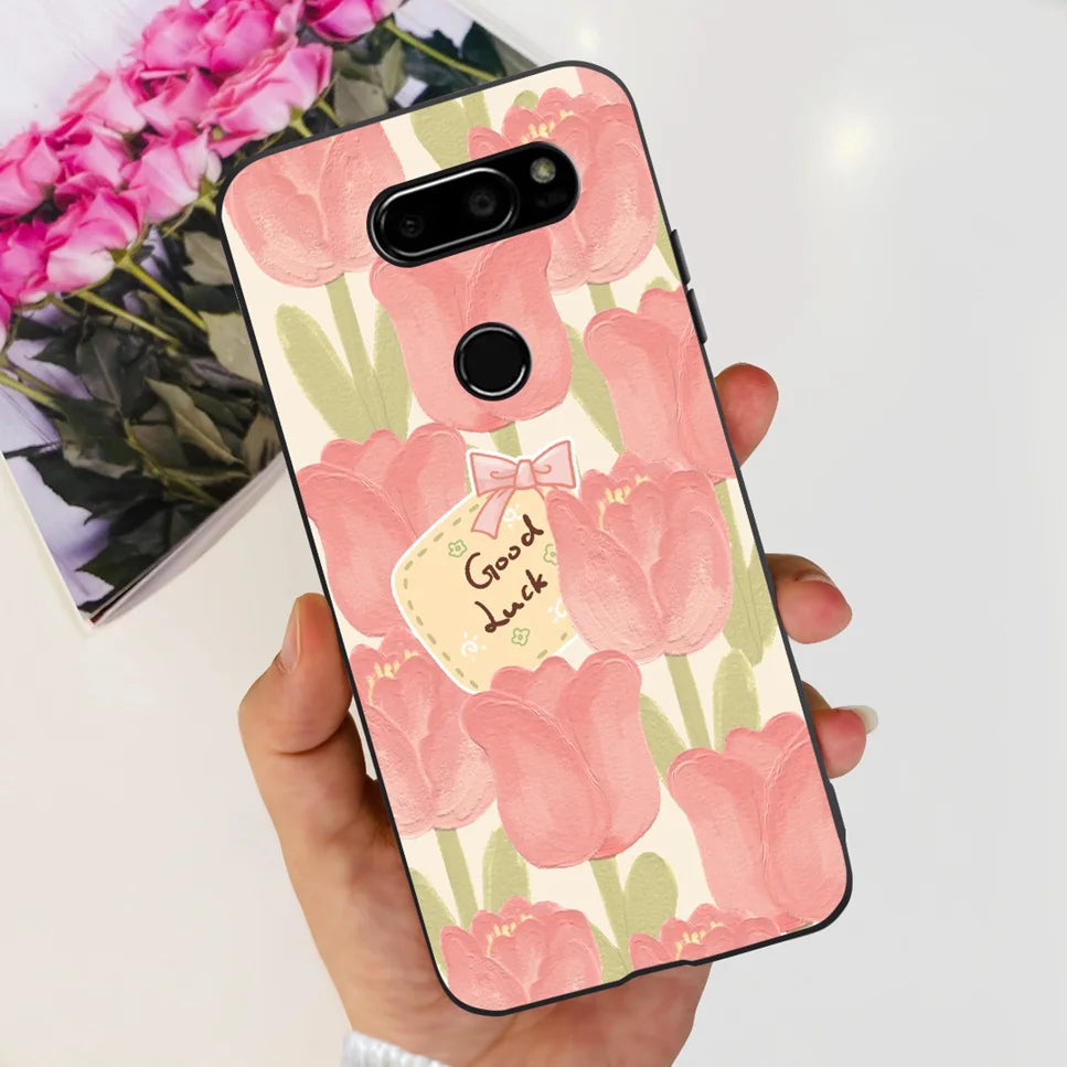 Deksel til LG V30 2017 Case Cute Cartoon Print Flower Soft Silicone TPU Black Cover For LG v30 H930 6.0" Bumper Phone Case Funda