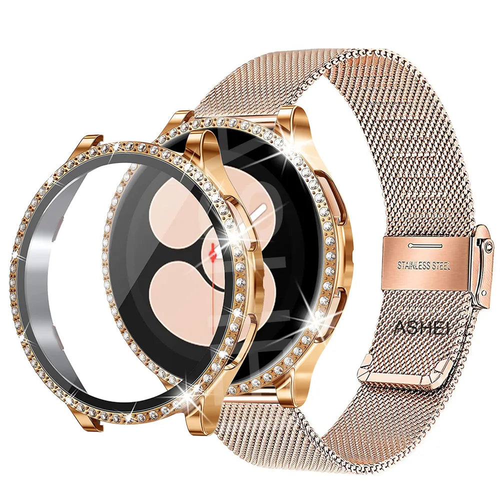 Deksel til Samsung Galaxy Watch 4 5 6 band + 40mm 44mm Mesh-reim Rustfritt Stål strap bling Tempered glass Skjermbeskytter